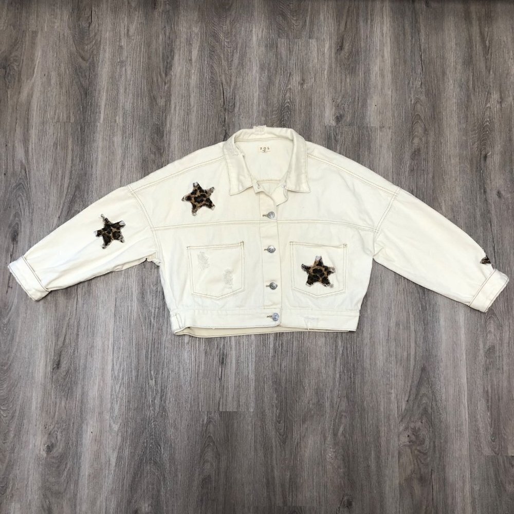 Pol White Denim Jacket Womenβs Size Small Cropped Jean Coat Patchwork Stars